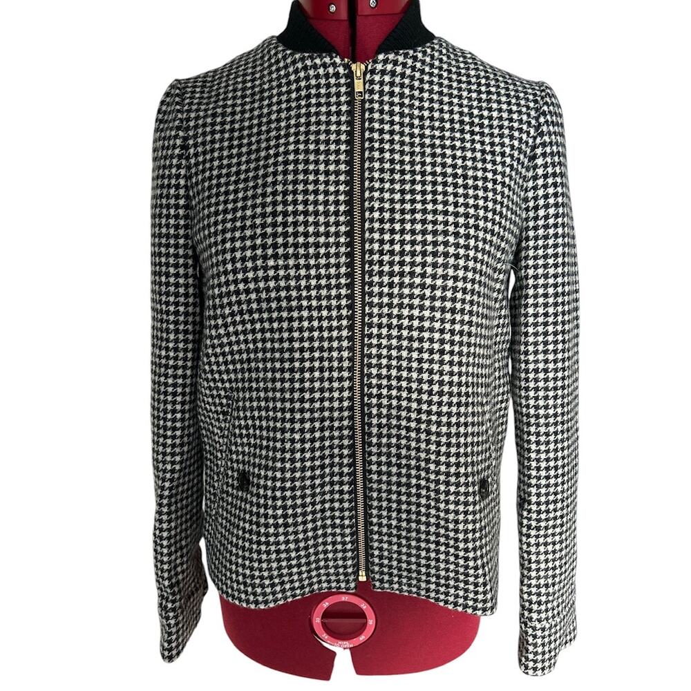 J.Crew Size XXS 100% Wool  Classic‎ Houndstooth Bomber Blazer Jacket Black White